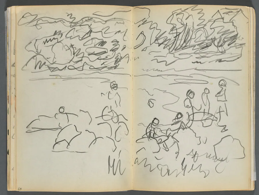 Sketchbook- The Granite Shore Hotel, Rockport, page 068 & 69: Beach View with Figures by Maurice Prendergast