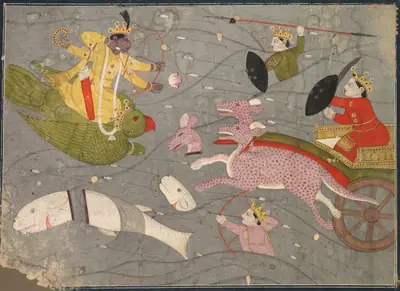 Krishna fighting the sons of King Bana, from an Usha-Aniruddha