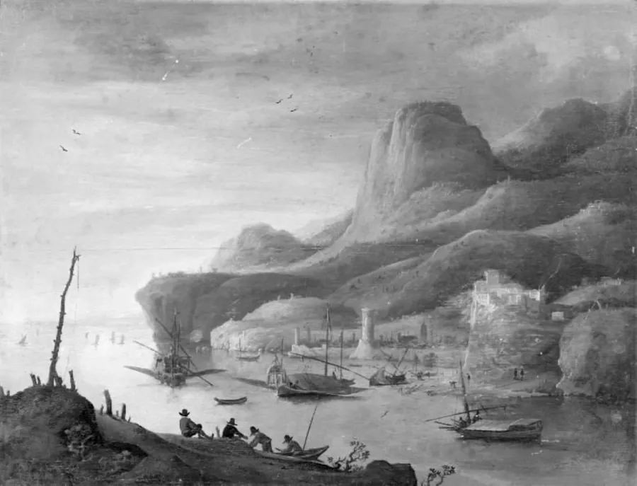 Ved høje bjerge ligger en italiensk søhavn med galejer og felukker by Daniël van Heil
