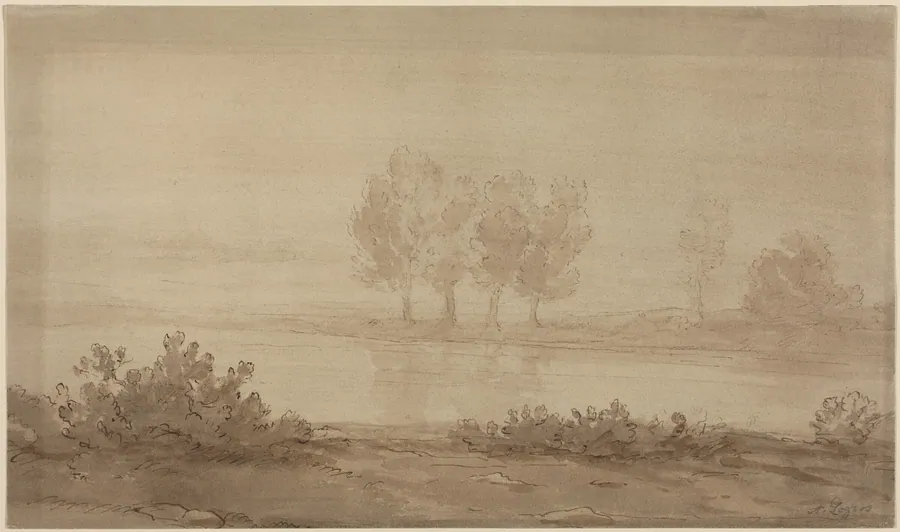 Landscape - Four Trees beyond a River by Alphonse Legros