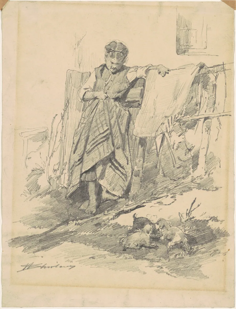Woman Watching Puppies by Walter Shirlaw