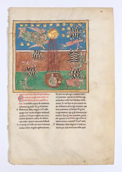 Leaf from a Beatus Manuscript: at the Clarion of the Fifth Angel's Trumpet, a Star Falls from the Sky; the Bottomless Pit is Opened with a Key; Emerging from the Smoke, Locusts Come Upon the Earth and Torment the Deathless