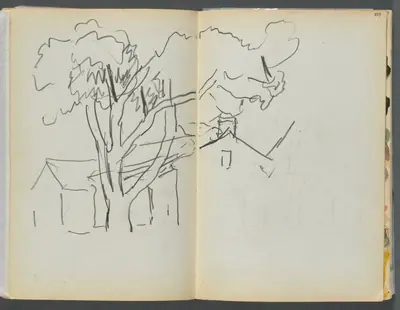 Sketchbook- The Granite Shore Hotel, Rockport, page 106 & 107: Tree with Houses