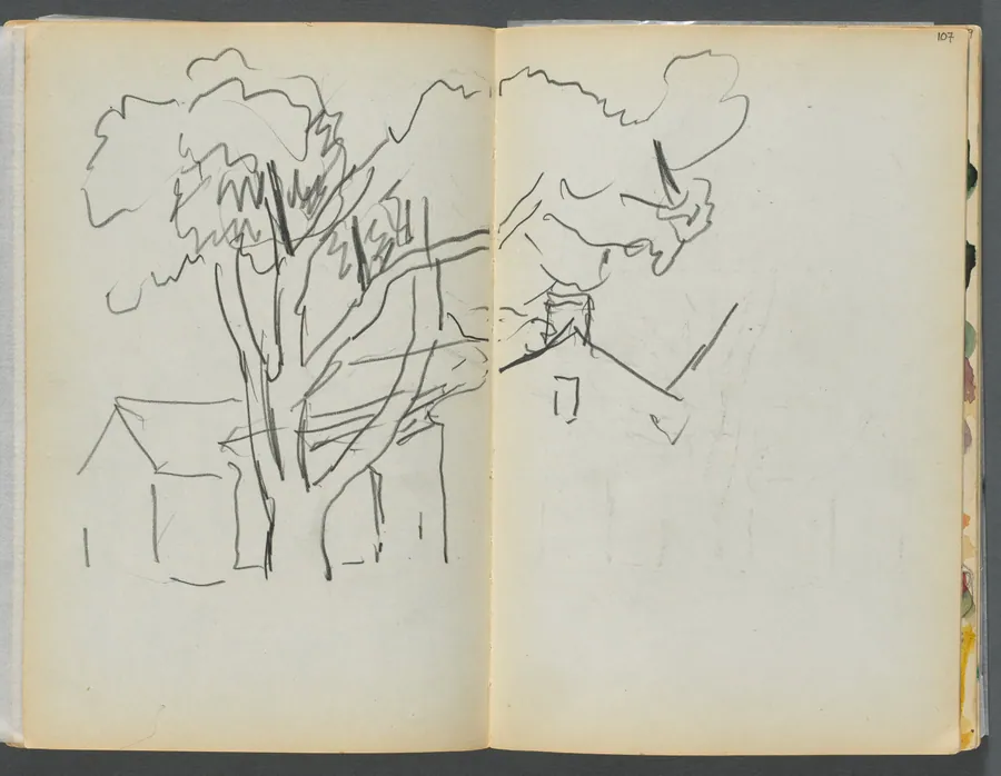Sketchbook- The Granite Shore Hotel, Rockport, page 106 & 107: Tree with Houses by Maurice Prendergast