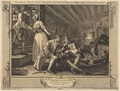 The Idle 'Prentice betray'd by his Whore, & taken in a Night Cellar with his Accomplice