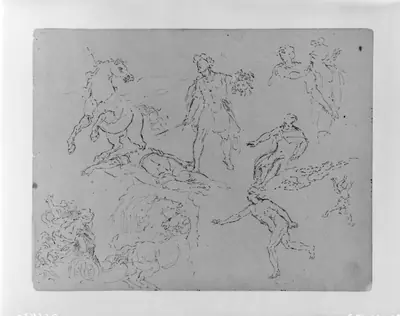Figure Sketches, Including Pegasus and Perseus with Head of Medusa; (Rape of Persephoney?) (from Sketchbook)