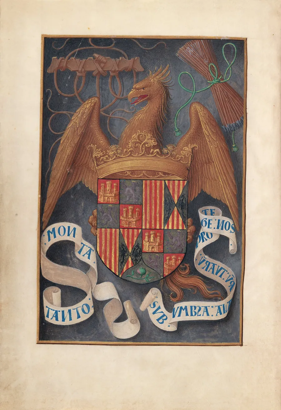 Hours of Queen Isabella the Catholic, Queen of Spain:  Fol. 1v, Arms and Mottoes of Isabel la Católica by Master of the First Prayerbook of Maximillian