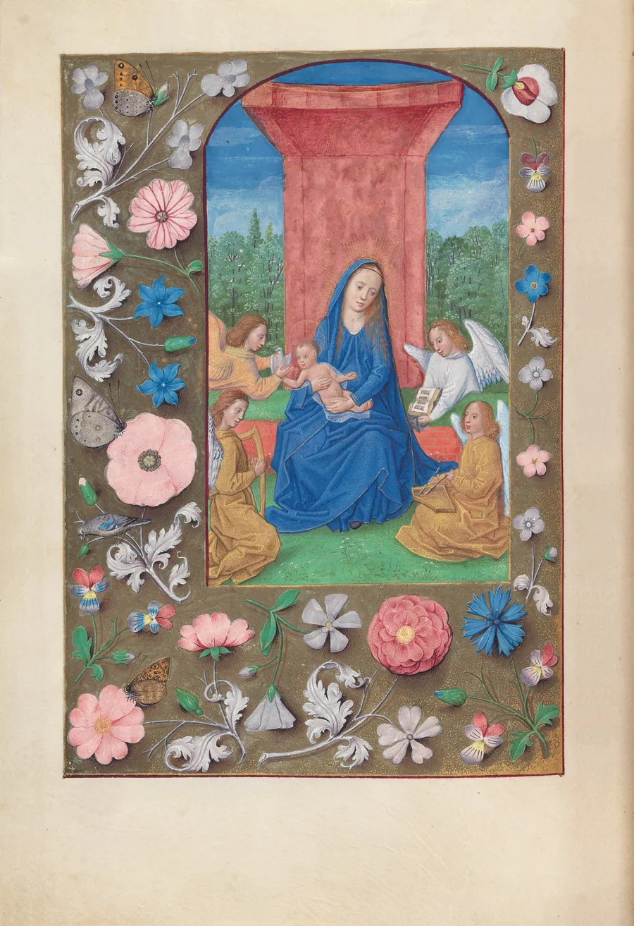 Hours of Queen Isabella the Catholic, Queen of Spain:  Fol. 80v, Virgin & Christ with Angels by Master of the First Prayerbook of Maximillian