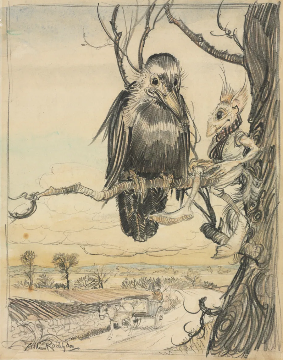 A Squirrel and a Crow by Arthur Rackham