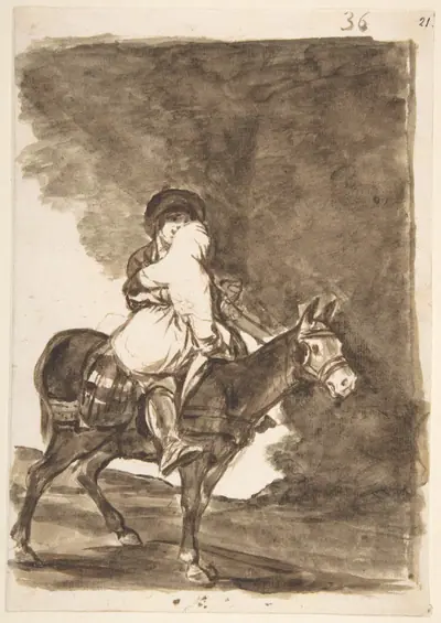 A man and a woman riding a mule; page 36 from the 'Images of Spain' album (F)