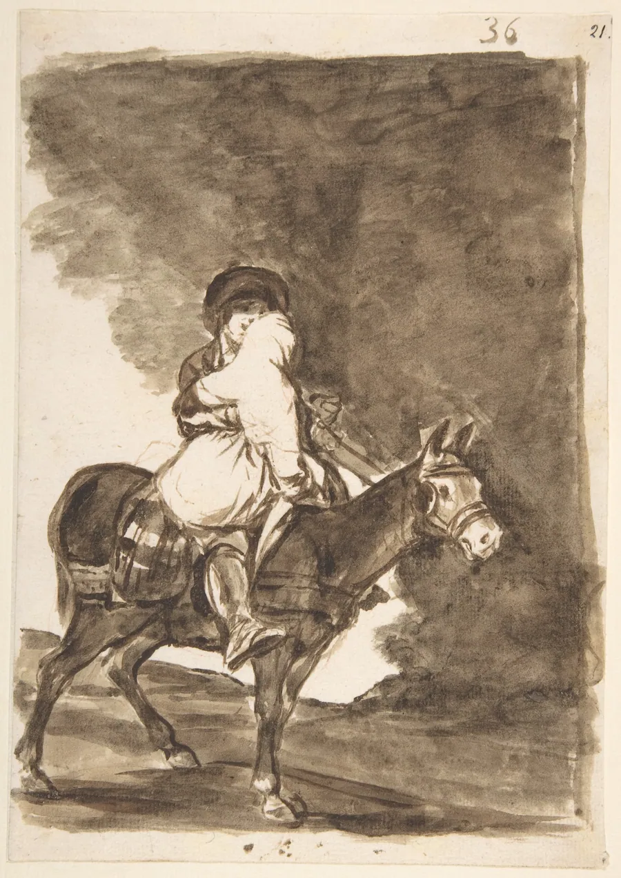 A man and a woman riding a mule; page 36 from the 'Images of Spain' album (F) by Goya (Francisco de Goya y Lucientes)