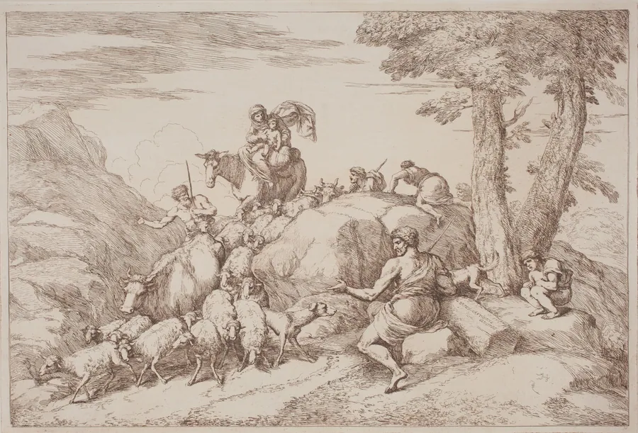 A Pastoral Journey with a Mother and Child on Horesback and an Elderly Shepherd Seated by Gaetano Zompini