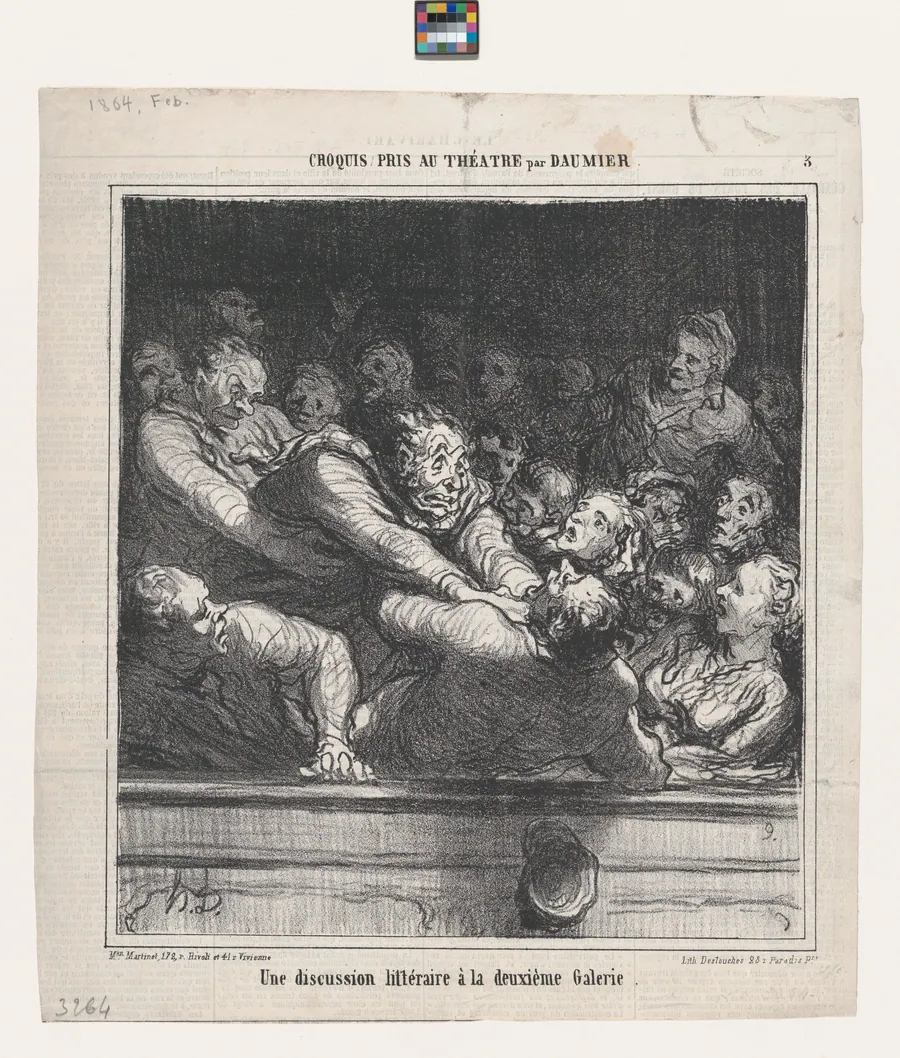 A literary argument on the second tier, from 'Theater sketches,' published in Le Charivari, February 27, 1864 by Honoré Daumier