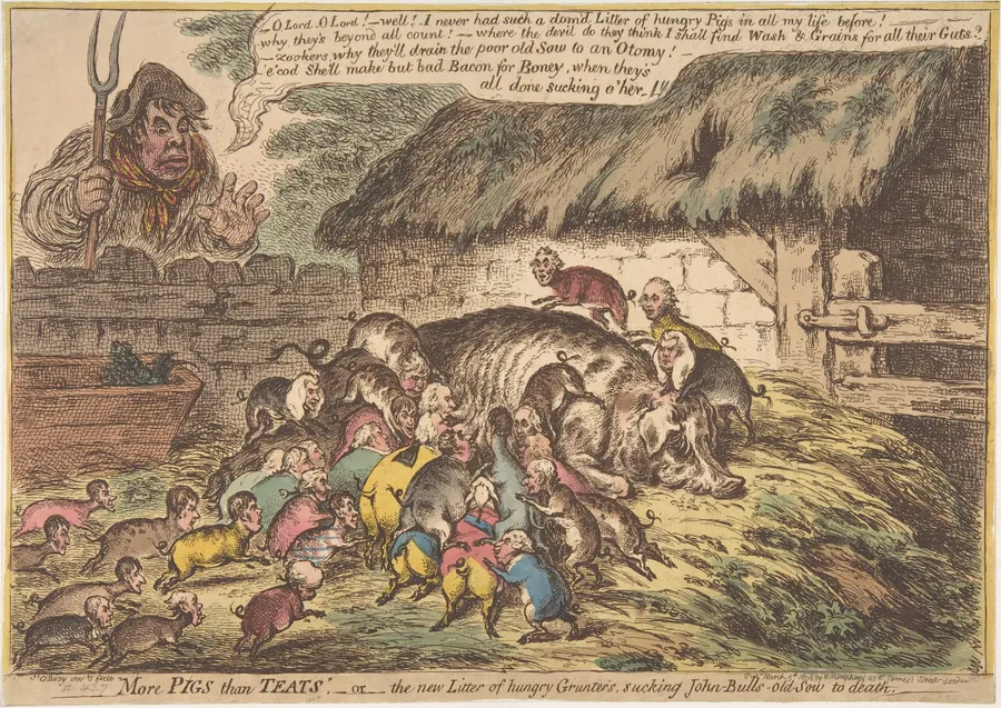 "More Pigs Than Teats",–or–the New Litter of Hungry Grunters, Sucking John-Bull's-Old-Sow to Death by James Gillray