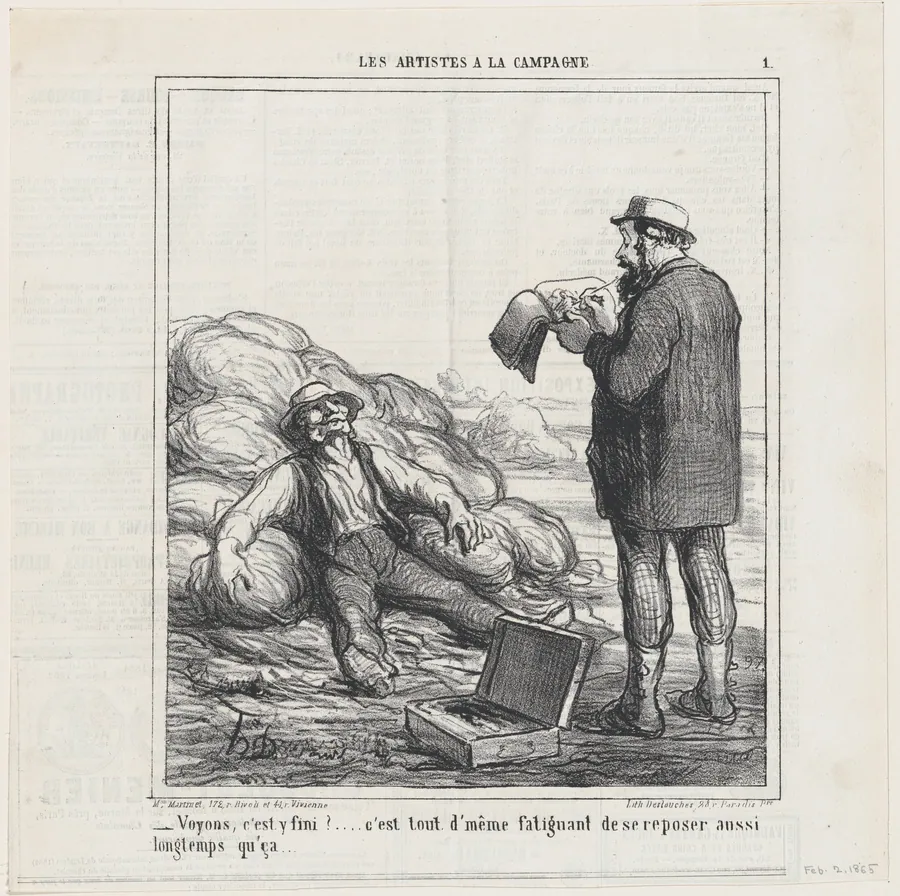Well, are you finally finished?... after all, it's tiring to relax for such a long time, from 'The countryside artists,' published in Le Charivari, February 2, 1865 by Aaron Martinet