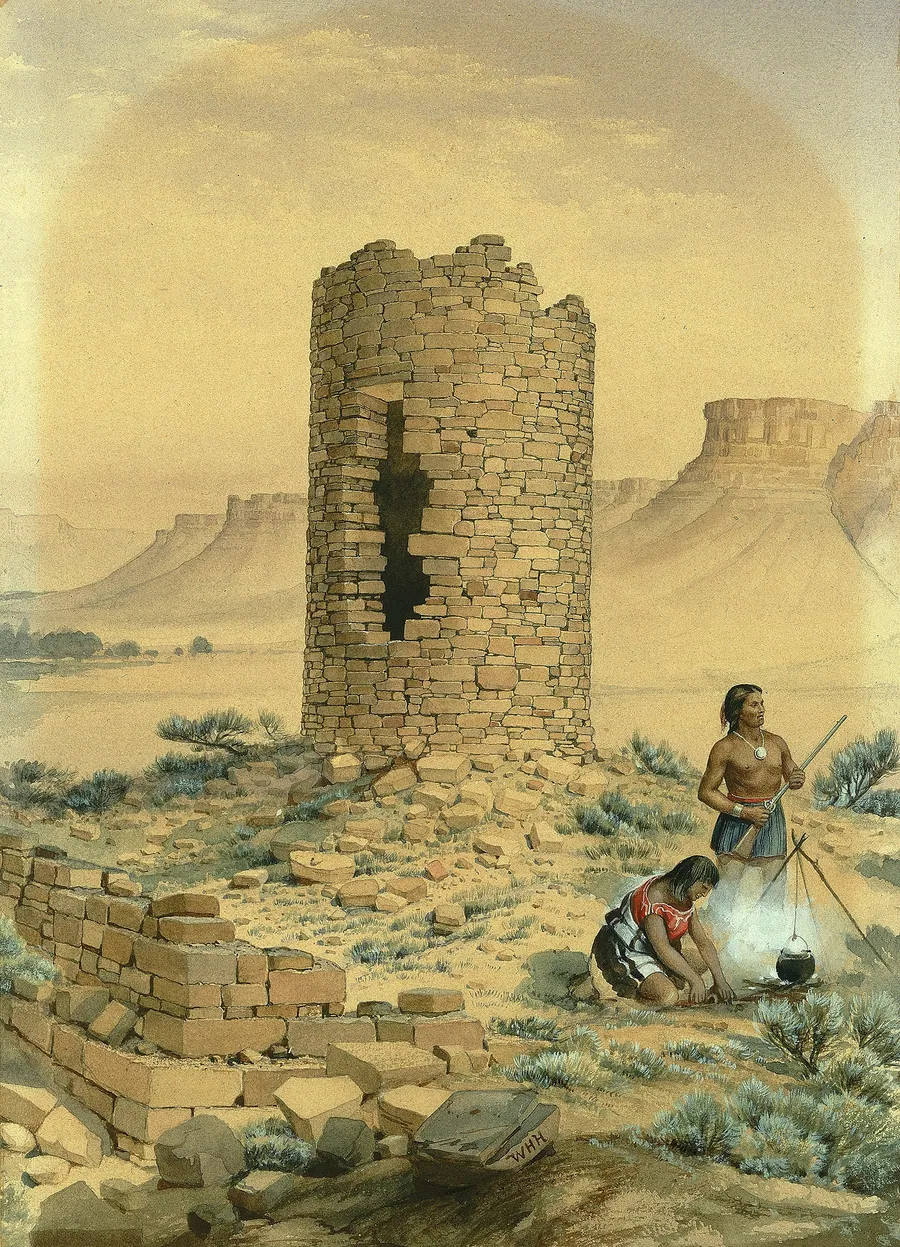 Ancient Stone Round Tower by William Henry Holmes, born Cadiz, OH 1846-died Royal Oak, MI 1933