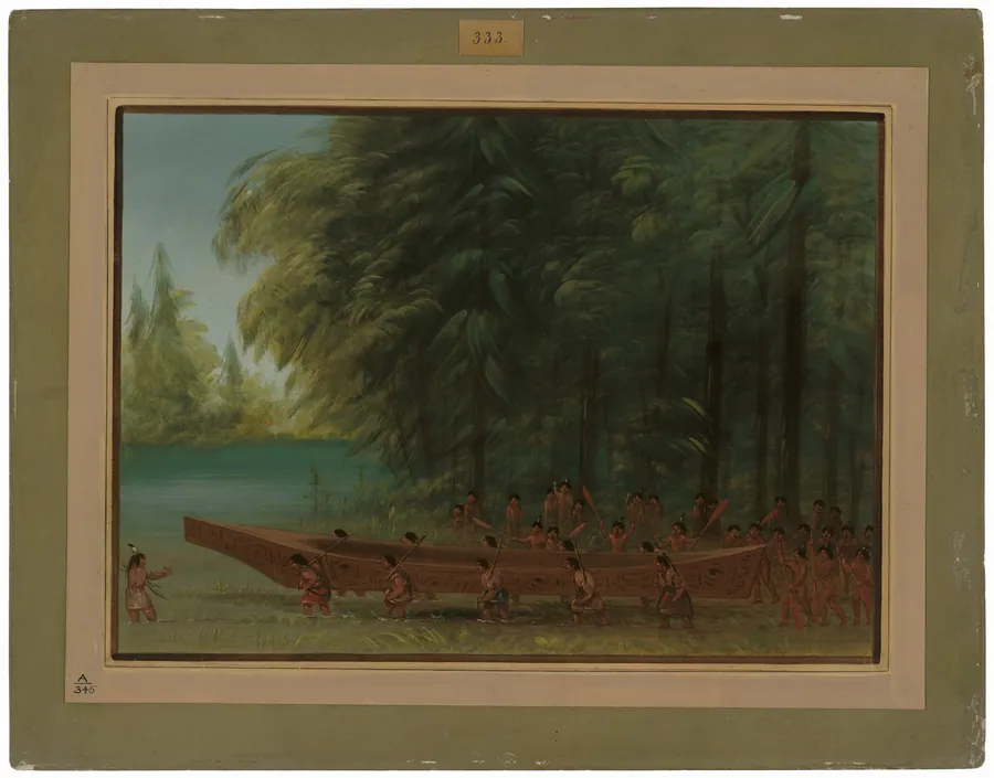 Launching a Canoe - Nayas Indians by George Catlin