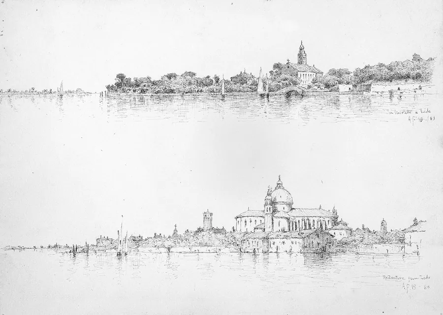 Two Sketches of Venice: San Nicoletto a Lido; Redentorre from Lido by Andrew Fisher Bunner