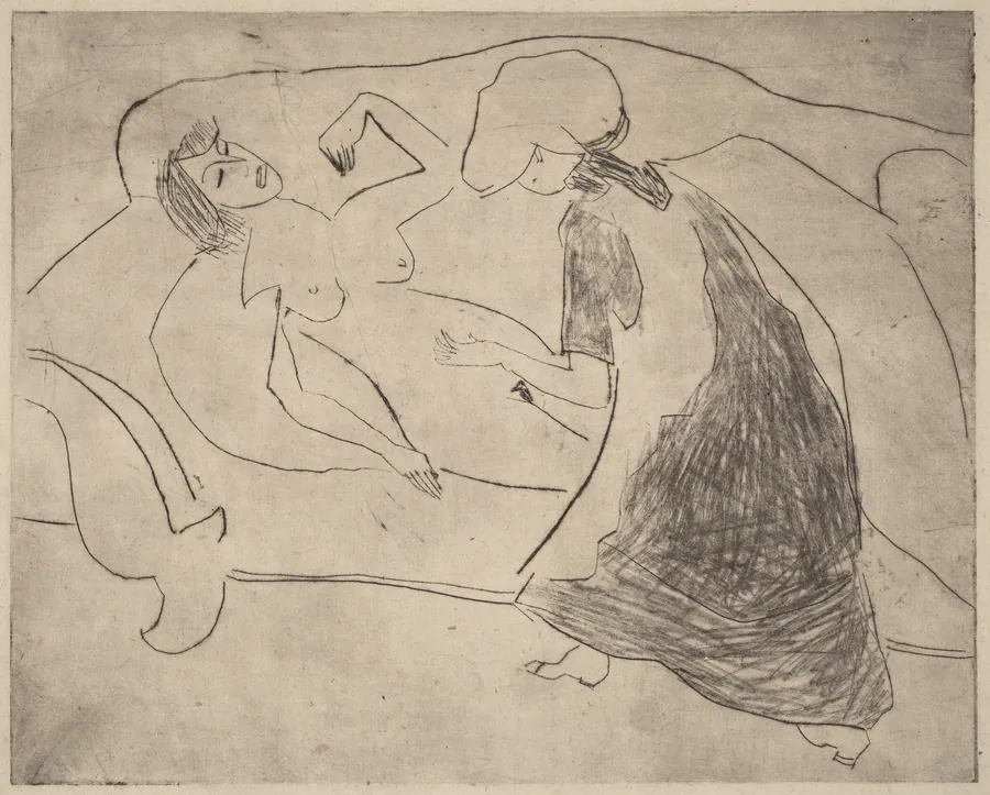 Girl, with Another Rubbing Her Belly by Ernst Ludwig Kirchner