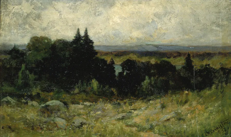 Untitled (landscape, fields with rocks and trees) by Edward Mitchell Bannister, born St. Andrews, New Brunswick, Canada 1828-died Providence, RI 1901