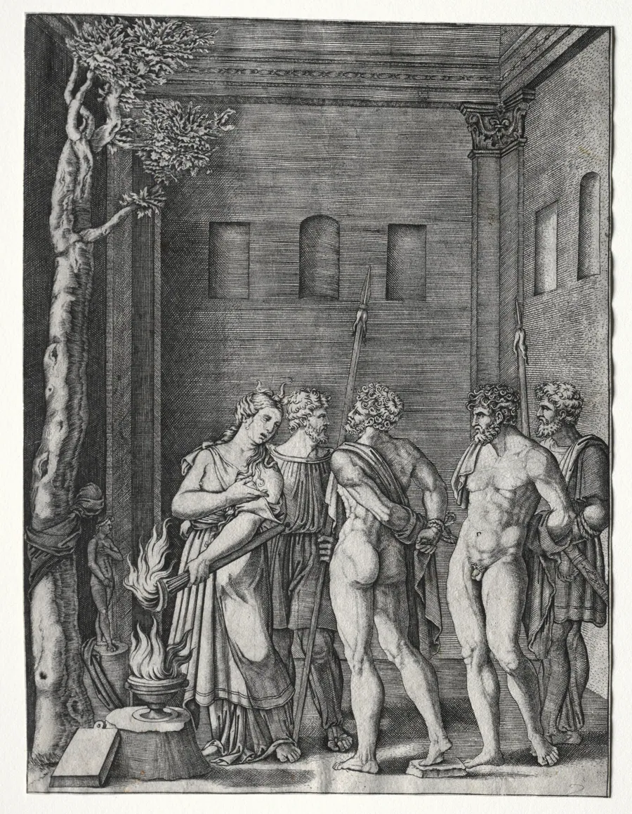 Orestes and Pylades brought to Iphigenia for Sacrifice by Agostino Veneziano