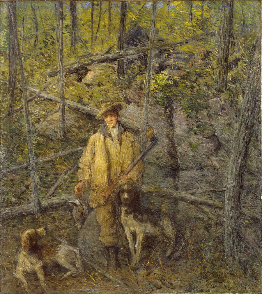 Hunter and Dogs by J. Alden Weir, born West Point, NY 1852-died New York City 1919