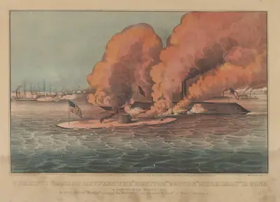 Terrific Combat Between the "Monitor" 2 Guns & "Merrimac" 11 Guns – In Hampton Roads March 9th, 1862 – In which the little "Monitor" whipped the "Merrimac" and the whole "School" of Rebel Steamers