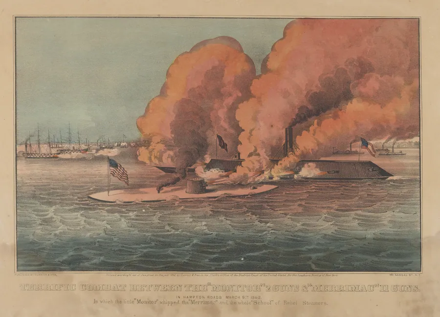 Terrific Combat Between the "Monitor" 2 Guns & "Merrimac" 11 Guns – In Hampton Roads March 9th, 1862 – In which the little "Monitor" whipped the "Merrimac" and the whole "School" of Rebel Steamers by Currier & Ives
