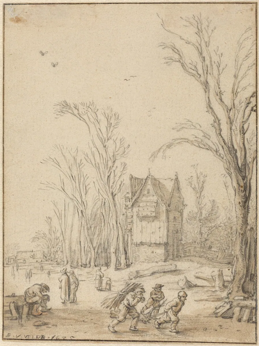 Villagers Skating on a Frozen Pond by Esaias van de Velde I