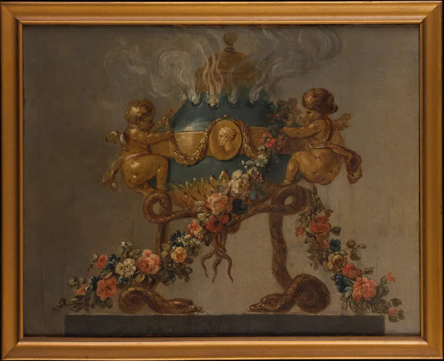 Perfume-burner supported by amorini and serpents and garlanded with flowers by French Painter
