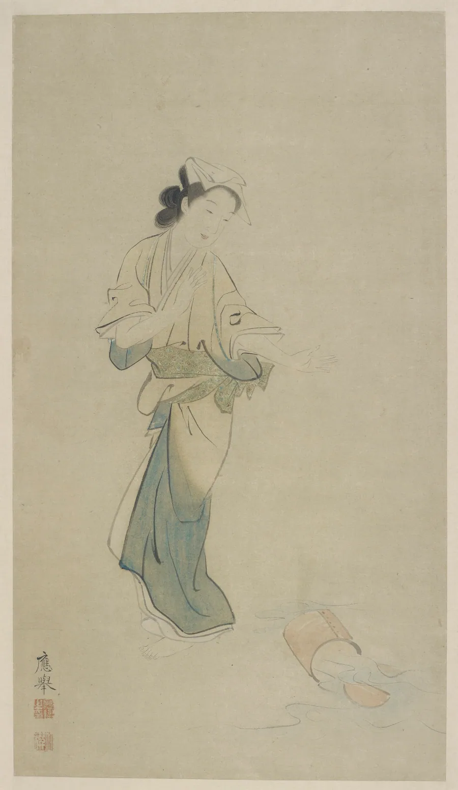 A girl and an overturned water bucket by Attributed to Maruyama Okyo 円山応挙 (1733-1795)