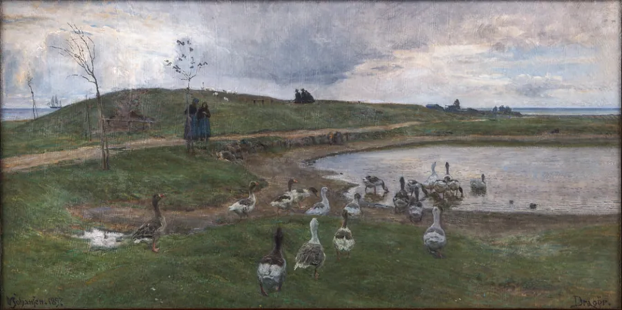 Gæs ved en sø. Mod uroligt vejr. Dragør by Viggo Johansen