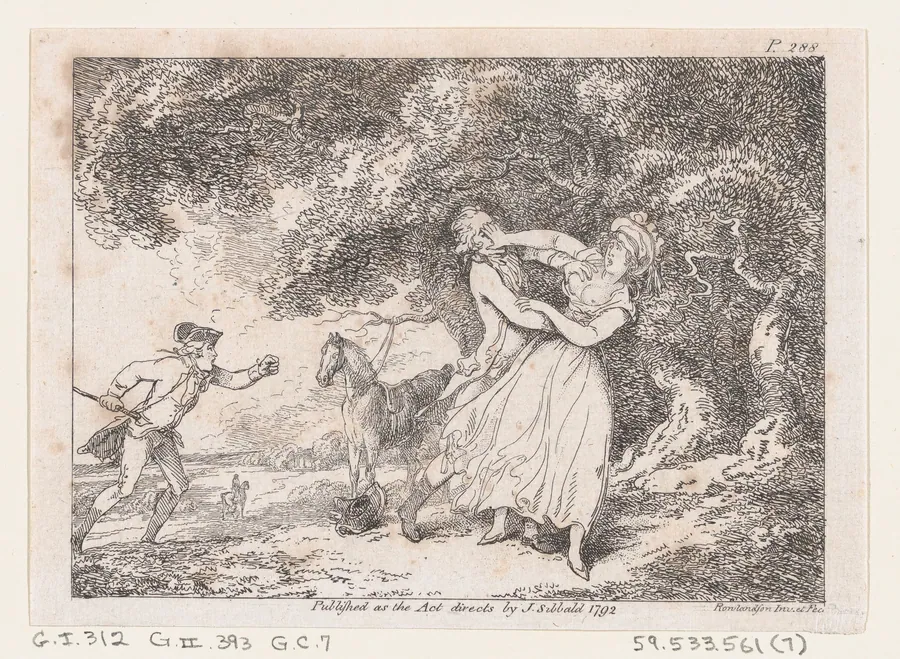 Joseph Hastens to Rescue Fanny from Imminent Danger, from "The Adventures of Joseph Andrews, and his friend Mr. Abraham Adams" by Henry Fielding