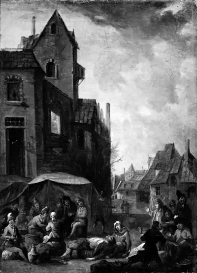 Det indre af en lille by. Kortspillere