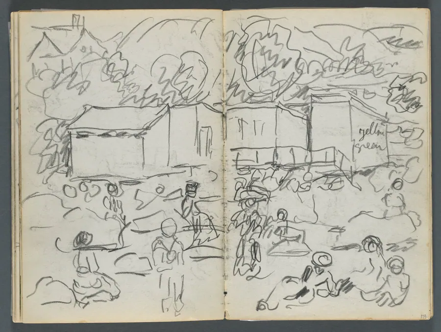Sketchbook, The Dells, N° 127, page 114 & 115: Landscape with Figures and Buildings by Maurice Prendergast