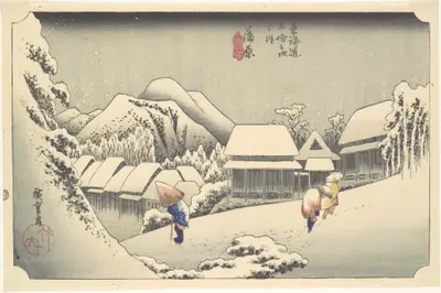 東海道五十三次之内 蒲原 夜の雪|Evening Snow at Kanbara, from the series "Fifty-three Stations of the Tōkaidō"