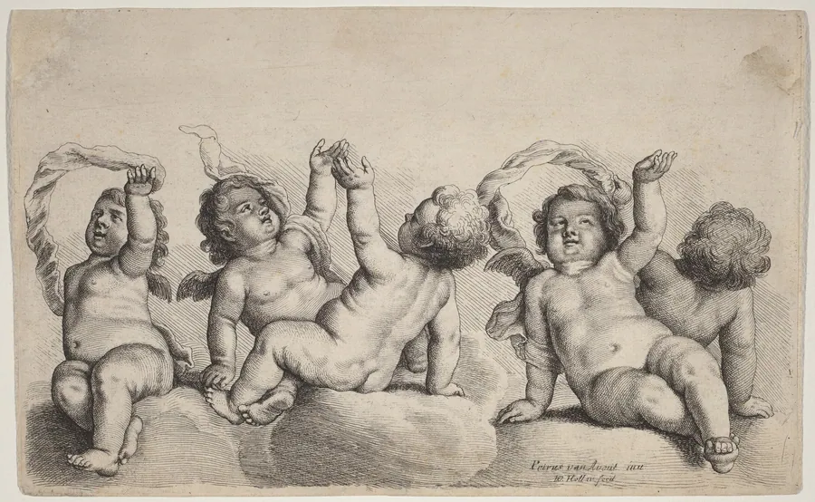 Three Cherubs and Two Boys Each Raising One Arm on Clouds by Wenceslaus Hollar