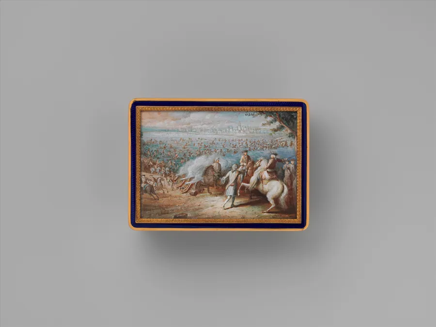 Snuffbox with four maritime scenes; Louis XIV crossing the Rhine in 1672 by Adrien Jean Maximilien Vachette
