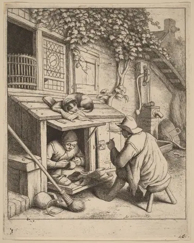 Smoker on a Stool Conversing with a Cobbler at Work