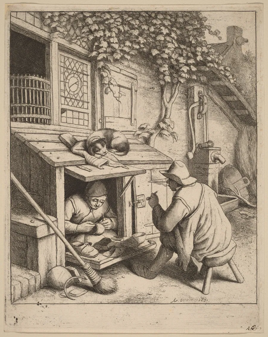 Smoker on a Stool Conversing with a Cobbler at Work by Adriaen van Ostade