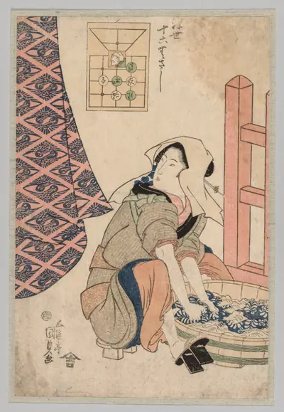 Seated Woman Washing Clothes in a Wooden Tub