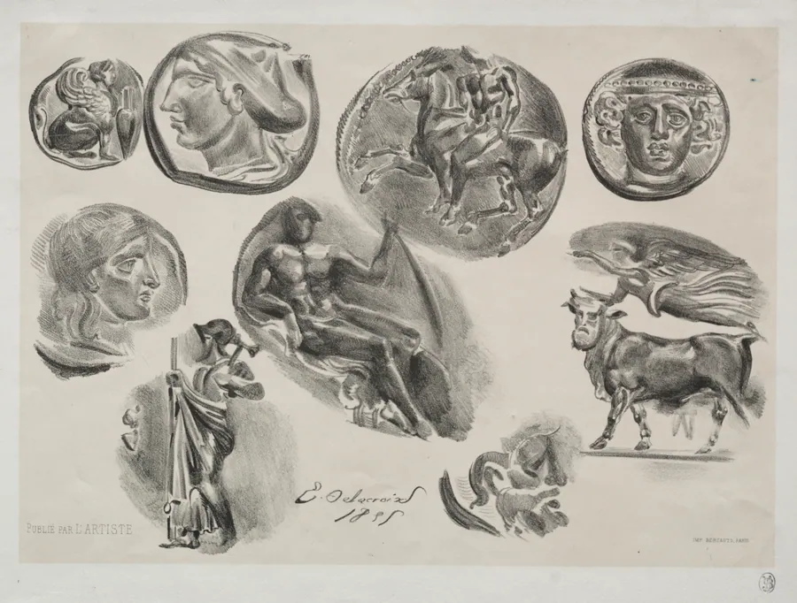 Sheet with Nine Antique Medals by Eugène Delacroix