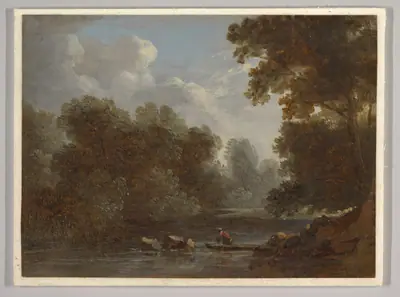 A Wooded River Landscape with a Fisherman in a Boat