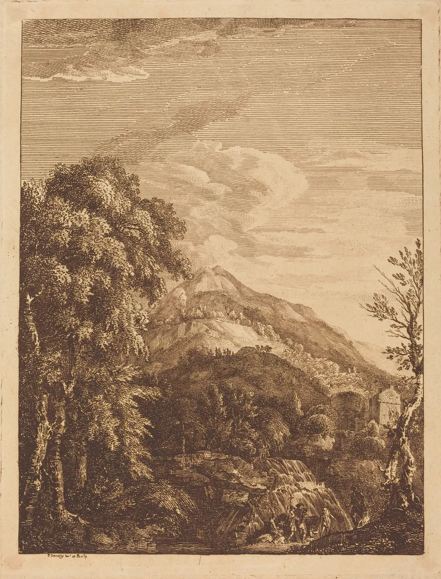 Mountainous Landscape with a Waterfall, Round Tower, Castle, and Banditti by Paul Sandby