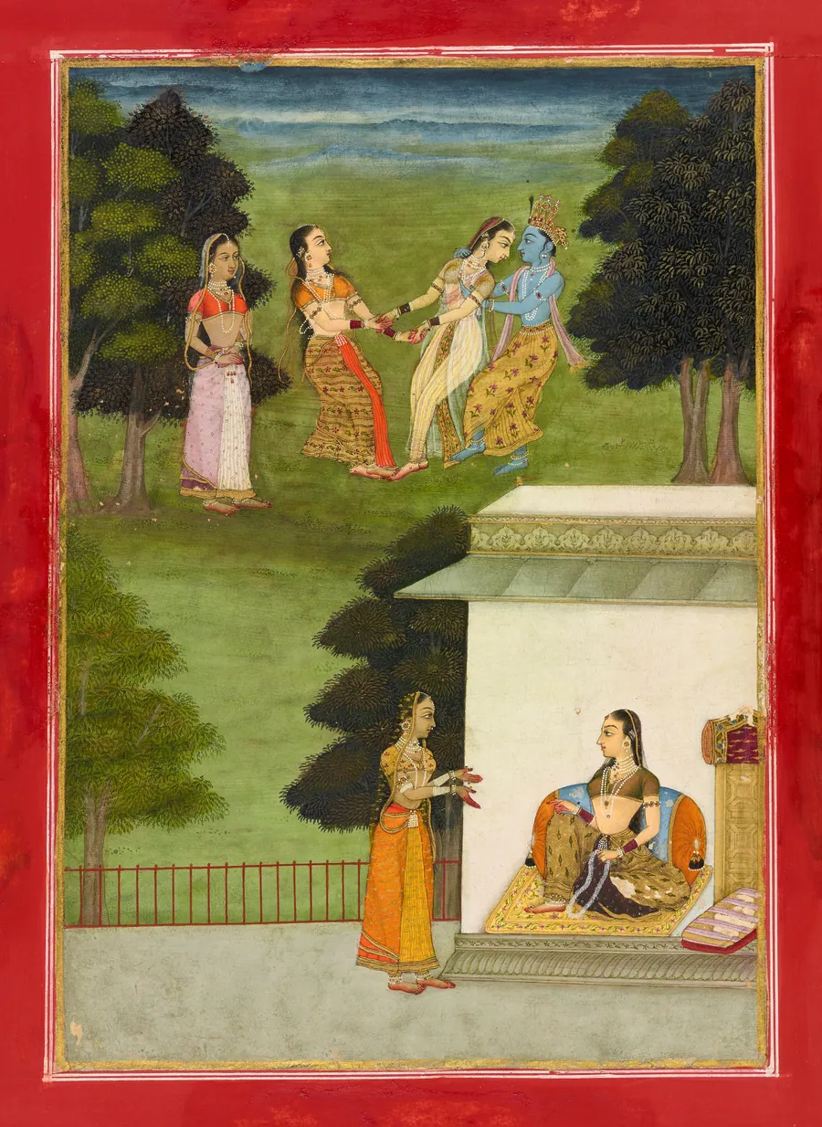 Krishna playing with the <em>gopis</em>, folio from a <em>Rasikpriya</em> by Ruknuddin (active ca. 1650-1697)