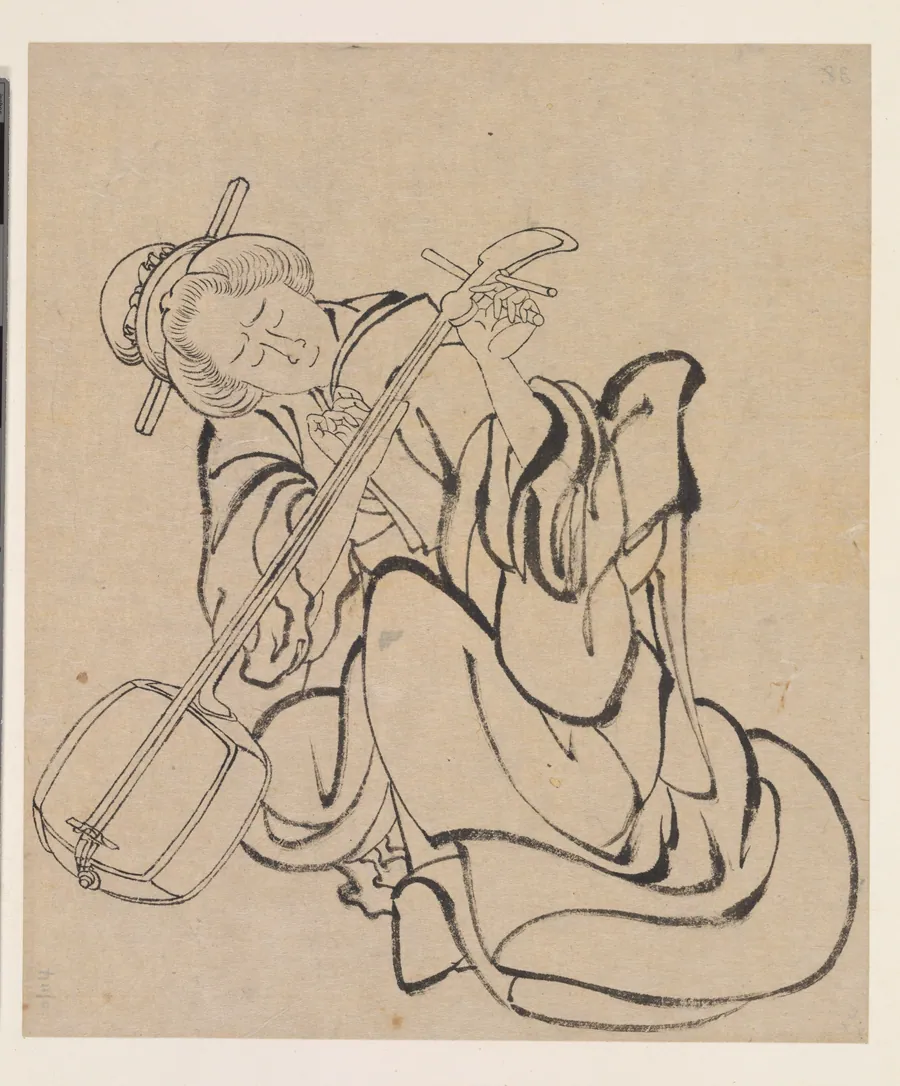 Tuning the Samisen by Katsushika Hokusai 葛飾北斎 (1760-1849)