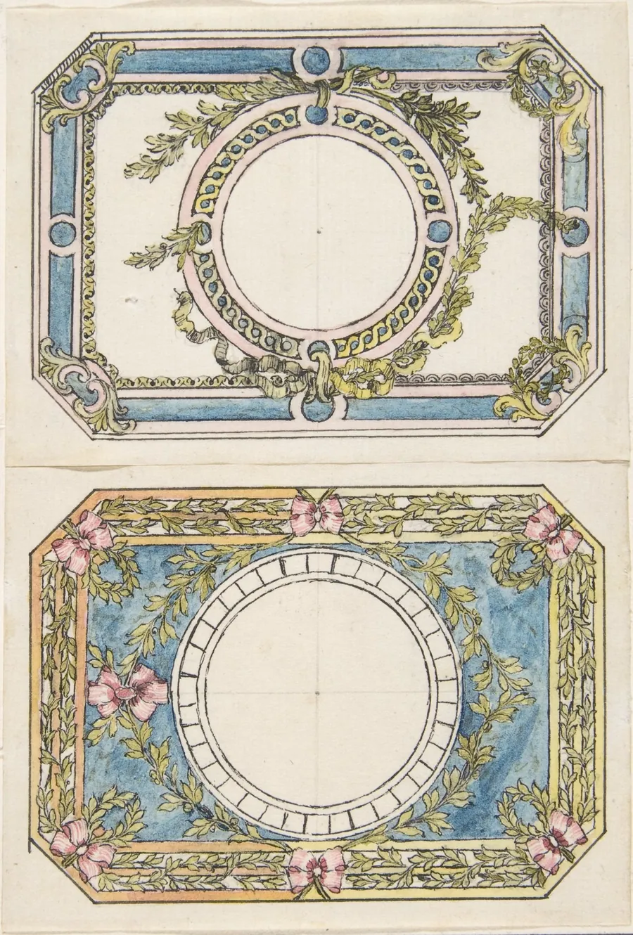 Two Separate Designs for the Top and Bottom of a Rectangular Gold Enameled Box with Canted Corners by Pierre Moreau