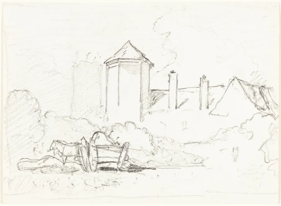 Sketch of Buildings with Cart and Horses in Foreground by John Sell Cotman