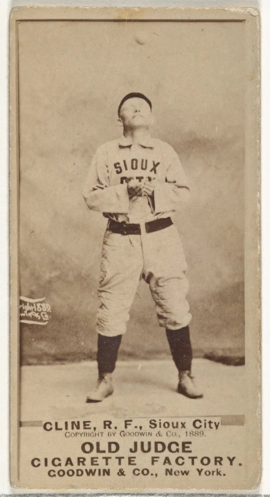 John P. "Monk" Cline, Right Field, Sioux City Corn Huskers, from the Old Judge series (N172) for Old Judge Cigarettes by Goodwin & Company
