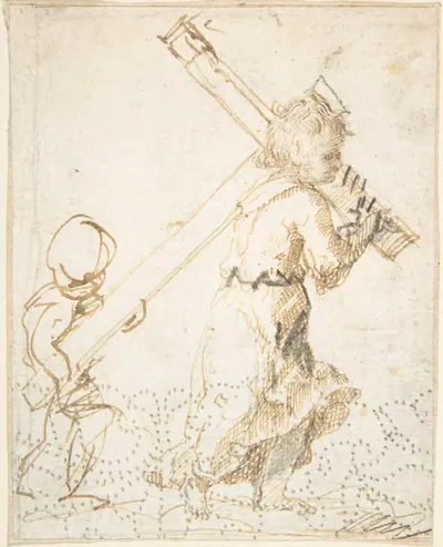 Christ Child and Secondary Child Figure Bearing the Cross (recto); Fragment of Design for Ornamental Border (verso)